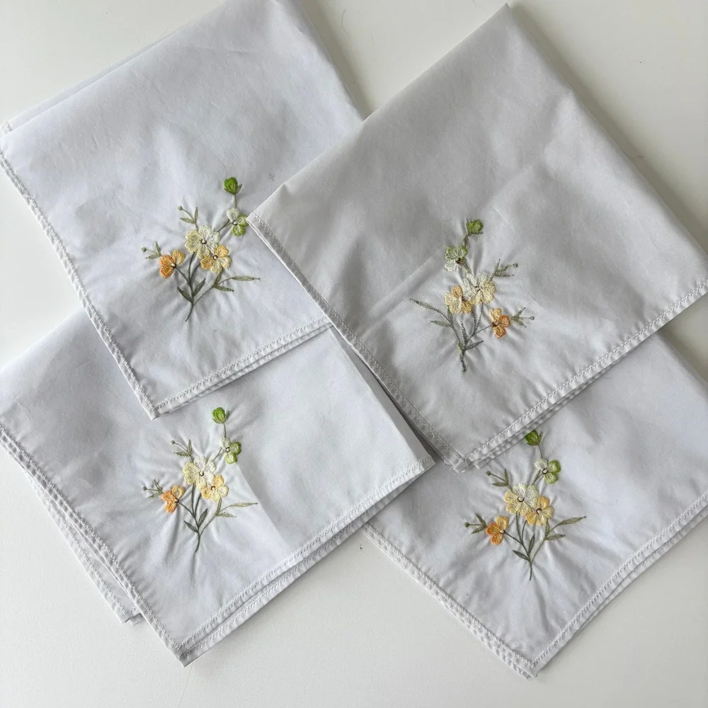 Vintage White Cotton Handkerchief Set 4pc Yellow Orange Floral Embroidered 15in